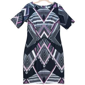 Cato Womens Sheath Dress Size 6 Black Purple Geometric Short Sleeves Knee Length